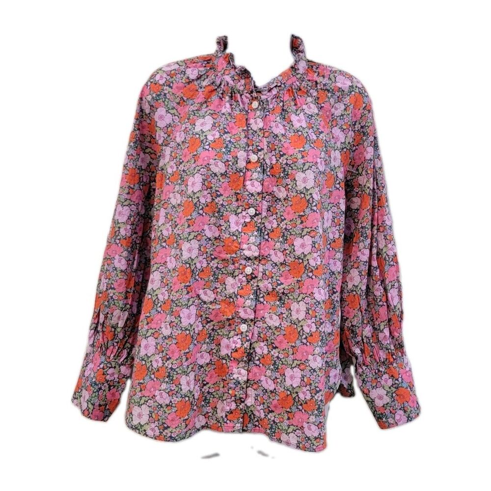 J Crew Liberty Fabric Ruffleneck Organic Cotton Top Sz 8 Liberty Meadow Song